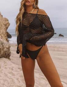 Crochet Crop Tops For Women Swimsuit Cover Up Bikini Sexy Hollow Knit - 黑色 - 查看 2