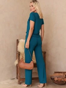 2 Piece Set Blouse And Elegant Pants PREMIUM Mesh Side Pockets Women's Fashion - 水鴨藍 - 查看 2