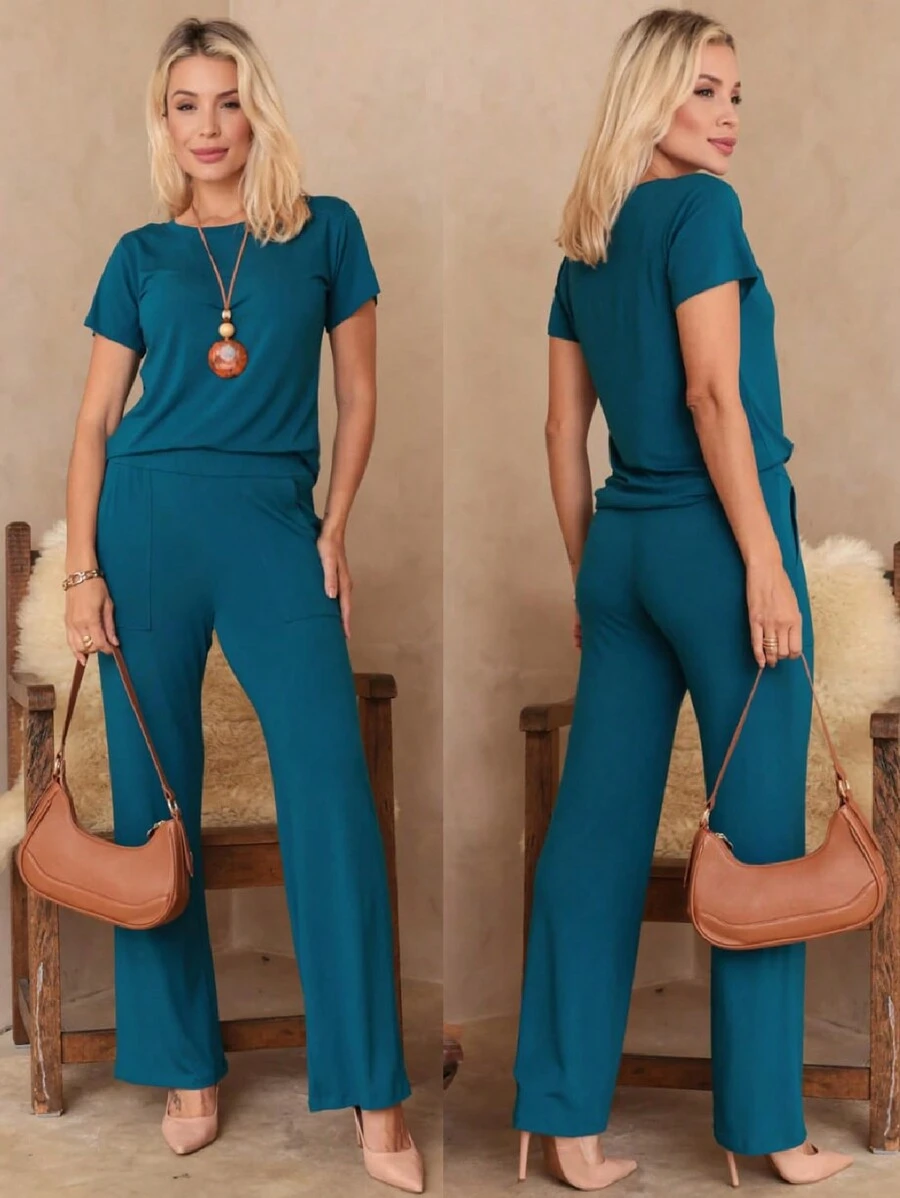 2 Piece Set Blouse And Elegant Pants PREMIUM Mesh Side Pockets Women's Fashion - 水鴨藍 - 查看 1