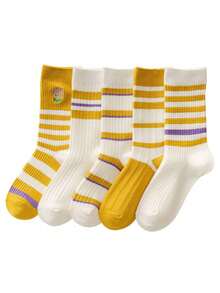 5 双女士黄白条纹中筒袜，柔软舒适，适合春夏秋季日常穿着 - 彩色 - 查看 8