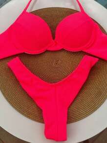 Retro Half Cup Bikini Underwire Double Thong Panty Semi-Thread Ana Ruga With Padded Beachwear Set Summer - 玫紅色 - 查看 2