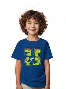 Children's And Youth T-Shirt With 4 Dinosaurs Print For All Ages, Short Sleeve Model - 藏蓝色 - 查看 2