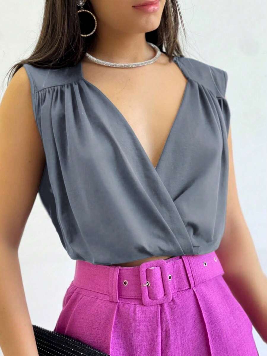Women's Tank Top Suplex Elastic Deep Neckline Elegant Super Fashion Shipping !! - Xám - Xem 1