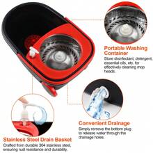 360° Spinning Mop Bucket, 3 Washable Microfiber Pads, Adjustable Stainless Steel Handle, Easy Moving With Wheels For Floor Cleanning - 黑色 - 查看 5