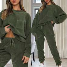 2 pezzi Completo casual da donna con top a girocollo monocolore a maniche lunghe e pantaloni con coulisse