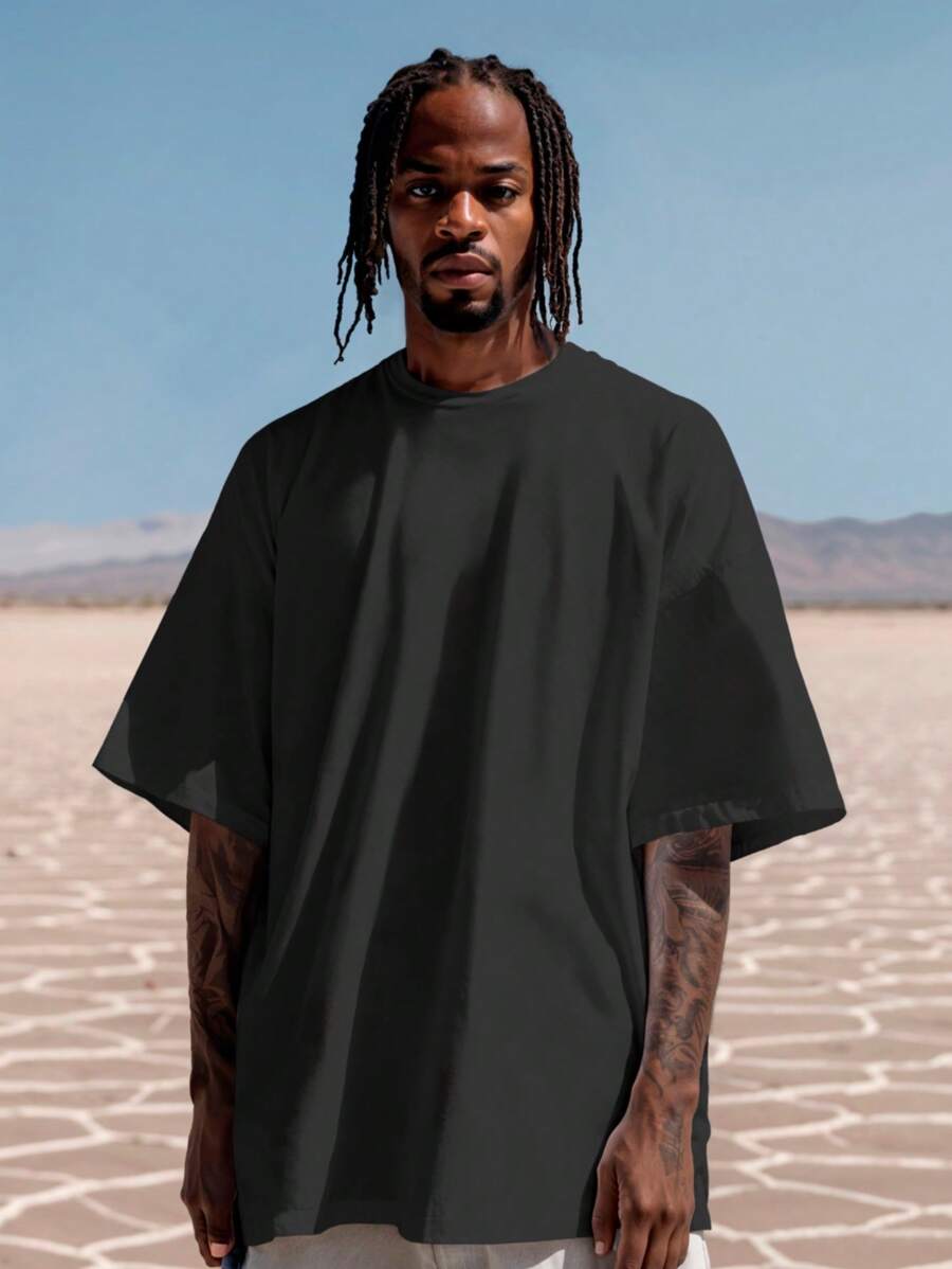 Men's Oversized Plain T-Shirt 100% Cotton Up To Plus Size G3 - 黑色 - 查看 1