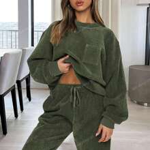 2 pezzi Completo casual da donna con top a girocollo monocolore a maniche lunghe e pantaloni con coulisse