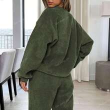2 pezzi Completo casual da donna con top a girocollo monocolore a maniche lunghe e pantaloni con coulisse
