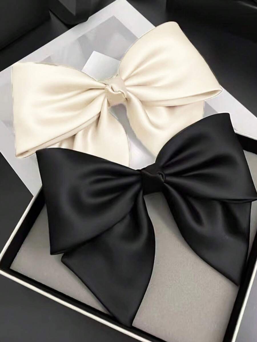 2个蝴蝶结发夹，优雅缎面头饰，布艺发饰，简约风格发夹，适合女士和女孩，情人节礼物，蝴蝶结发夹，发爪，发卡，学习用品 - 黑與白 - 查看 1