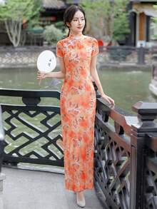 Fikoo Elegant Polyester Cheongsam With Floral Print Round Neck Short Sleeves Long Popover Split Dress - 橘色 - 查看 3