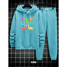 Children's Sweatshirt Set 2 To 16 Dino Print Jacket, Long Sleeve Hooded Top And Pants Mid-Season Tracksuit - Màu xanh nhạt - Xem 2