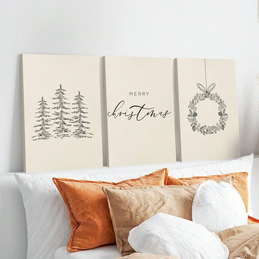 Bộ 3 món đồ trang trí Giáng sinh tối giản. Đồ trang trí Giáng sinh vui vẻ, Đồ trang trí nhà Giáng sinh. Đen và be, Đồ trang trí Giáng sinh, Biển báo Giáng sinh, Tranh nghệ thuật Giáng sinh trên vải canvas - Đồ trang trí phòng có khung - Nhiều màu - Xem 1