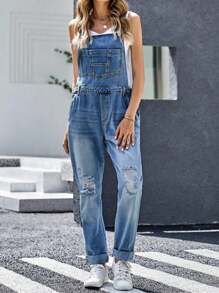 Women's Fashionable Denim Scarf Casual Wear With Adjustable Lace Up And Perforated Denim Pants - 中等水洗藍 - 查看 3