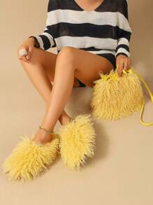 New Faux Wool Women's Warm Snow Boots Paired With Matching Plush Drawstring Bucket Bag,Fluffy Slippers - Yellow - View 3