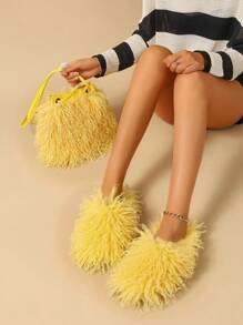 New Faux Wool Women's Warm Snow Boots Paired With Matching Plush Drawstring Bucket Bag,Fluffy Slippers - Yellow - View 2