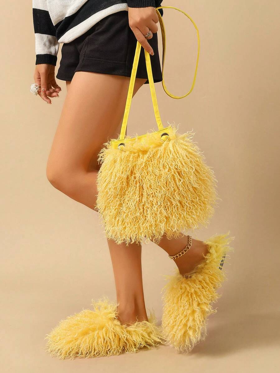 New Faux Wool Women's Warm Snow Boots Paired With Matching Plush Drawstring Bucket Bag,Fluffy Slippers - Yellow - View 1