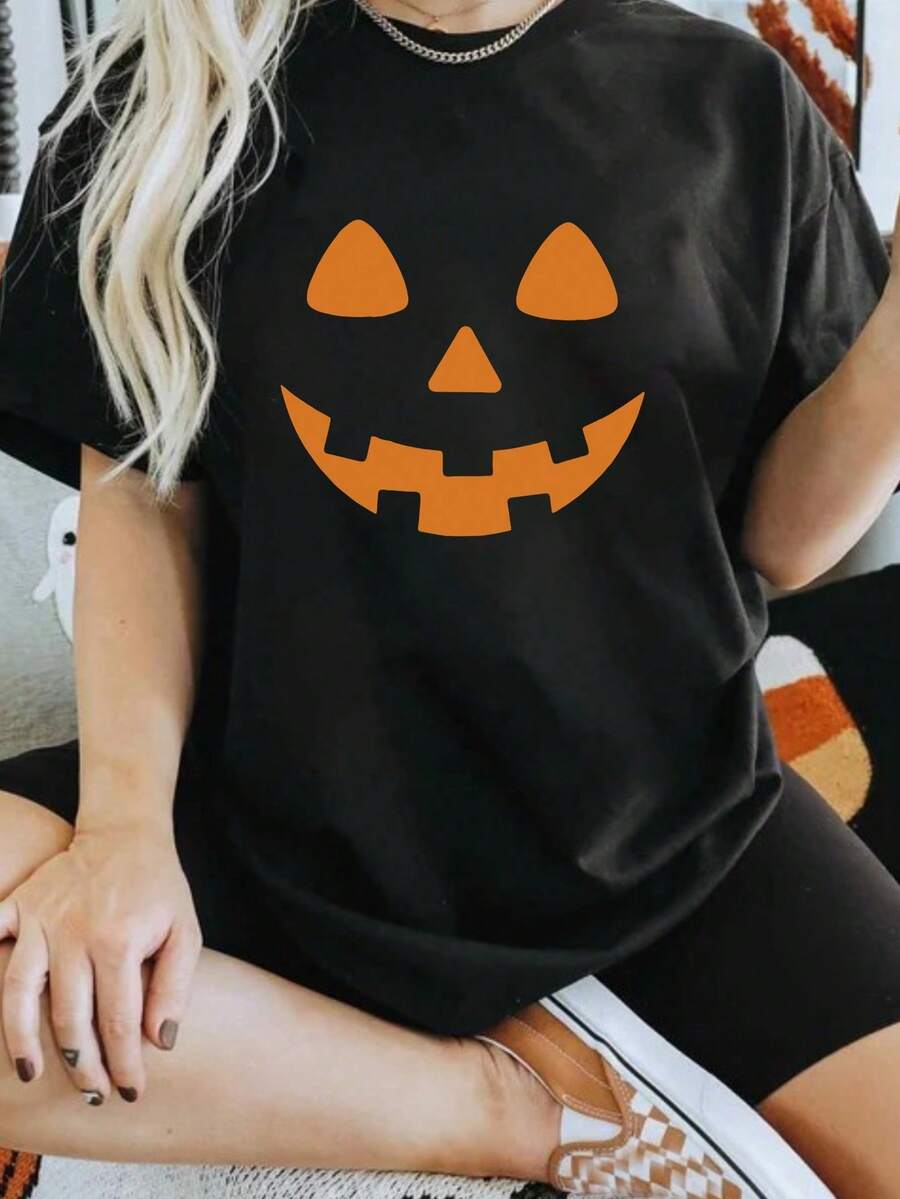 Women's Halloween Ghost Printed Collar T-Shirt - 黑色 - 查看 1