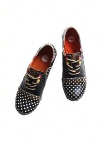 1 Pair Of Ladies Leather Polka Dot Shallow High Heel Single Shoes Fashion Retro Wear Autumn And Winter New Leather Shoes Valentines - 黑色 - 查看 5