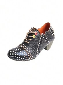 1 Pair Of Ladies Leather Polka Dot Shallow High Heel Single Shoes Fashion Retro Wear Autumn And Winter New Leather Shoes Valentines - 黑色 - 查看 2