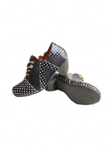 1 Pair Of Ladies Leather Polka Dot Shallow High Heel Single Shoes Fashion Retro Wear Autumn And Winter New Leather Shoes Valentines - 黑色 - 查看 4