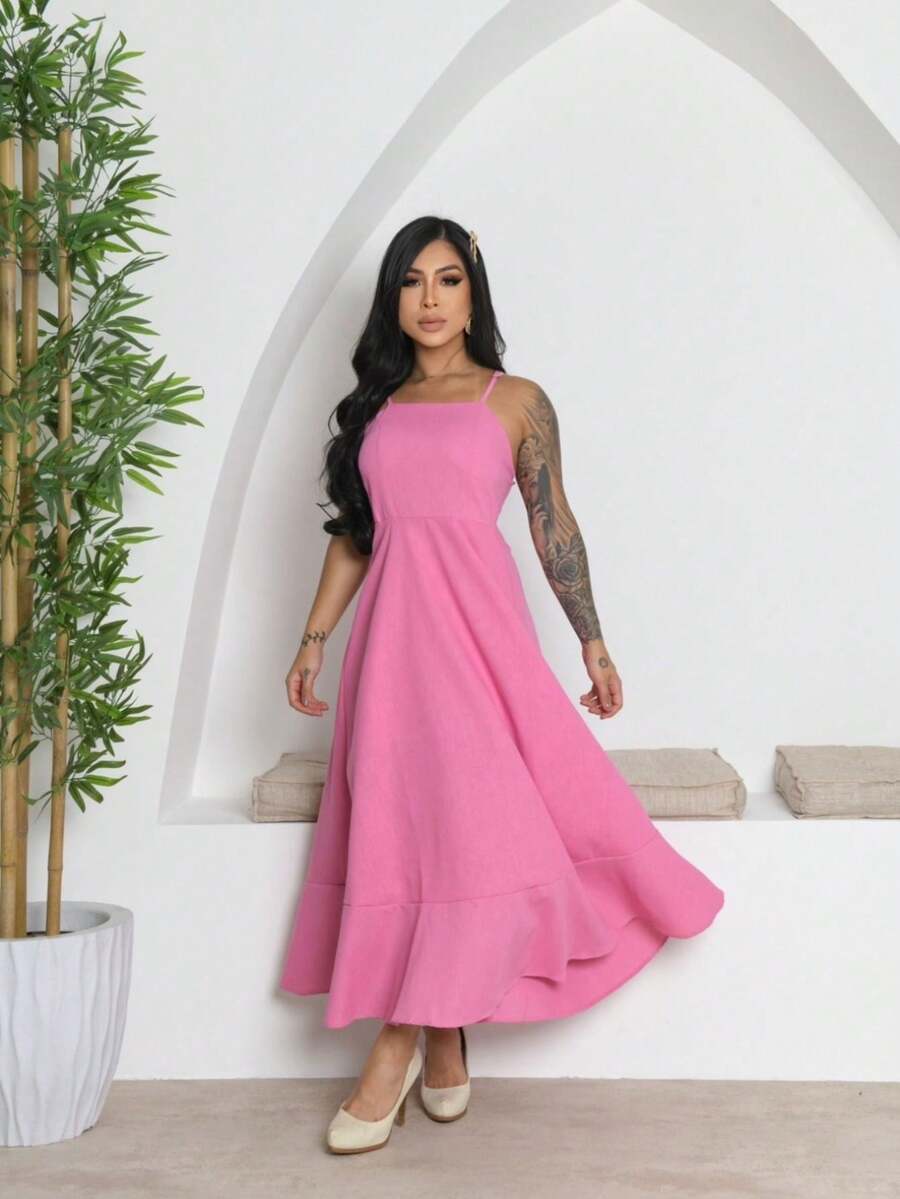 Vestido Longo Feminino Linho - Rosa Bebê - Visão 1