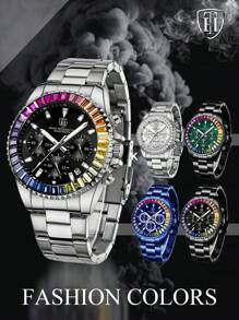 1pc Luxury Business Men's Watch, Chronograph, Rainbow Case Men's Stainless Steel Strap Calendar Night Light Quartz Watch, Men's Casual Watch, Waterproof Clock Women's Watch+Free Chain Link Remover