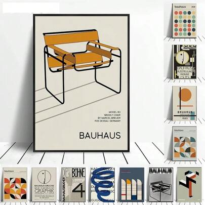 1pc Bauhaus Exhibition Poster Chair Running Male Geometric Canvas Painting Black Orange Minimalist Abstract Wall Picture Home Decor Frameless,Wall Art