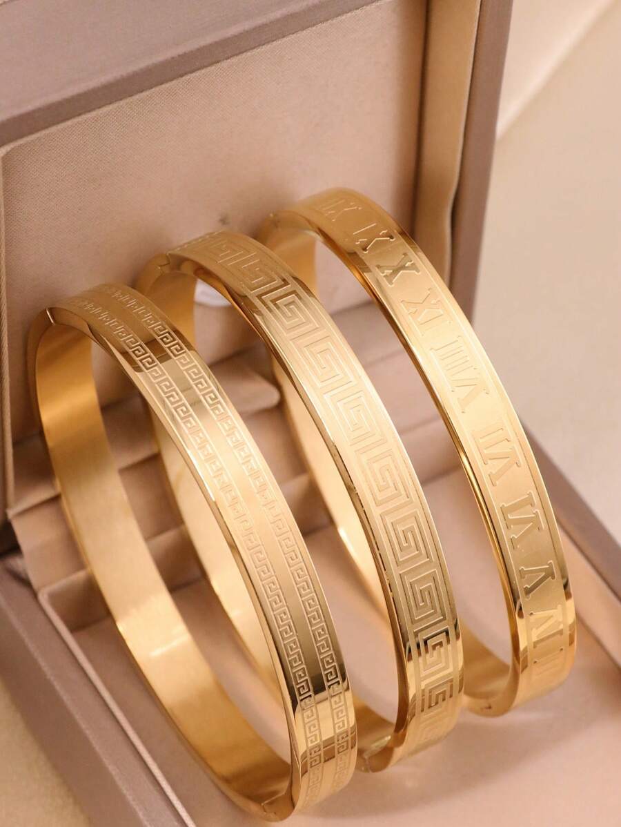 3 件经典花卉图案不锈钢袖口手链，适合女士，时尚休闲装，适合度假、周年纪念、节日礼物 - 金黃色 - 查看 1