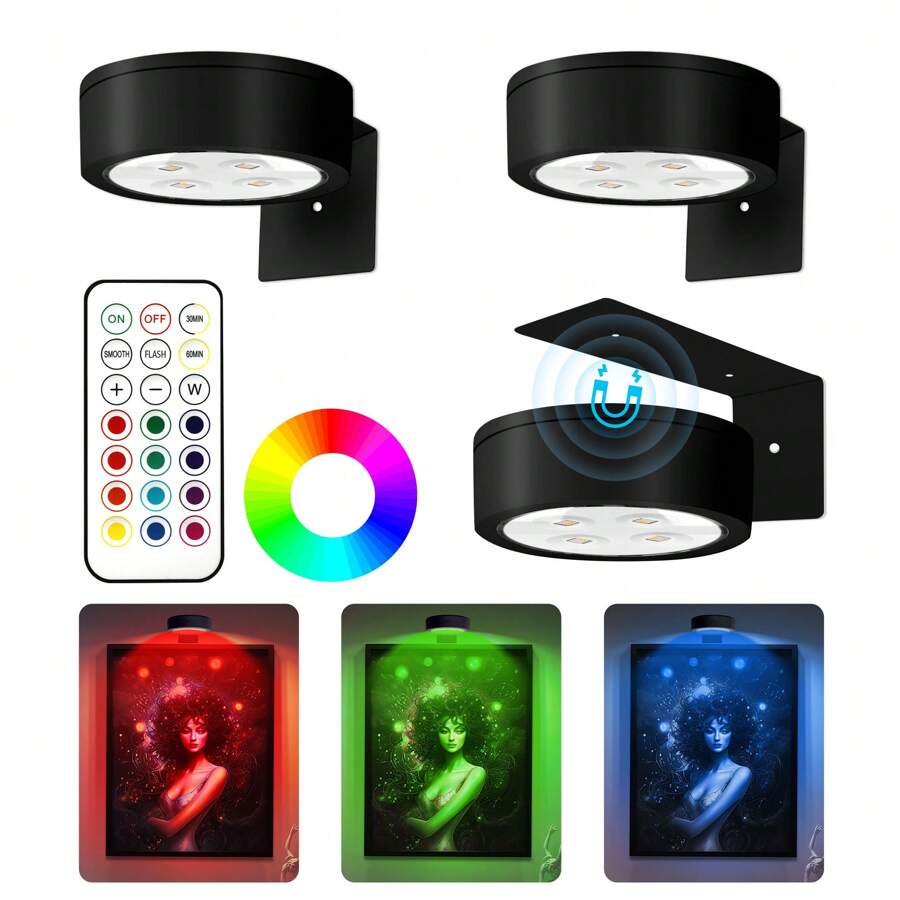 3入組照片專用電池燈，無線LED畫廊燈配遙控調光和定時器，3種照明模式，適用於畫框、肖像畫展示和牆面裝飾，黑色-RGB