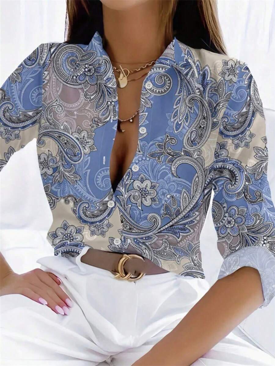 2025 Women Fashion Turndown Collar Digital Printed Casual Button-Up Shirt