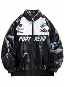 Chaqueta de carreras con bordado de letras en bloques de color para hombres - Blanco y Negro - Ver 7