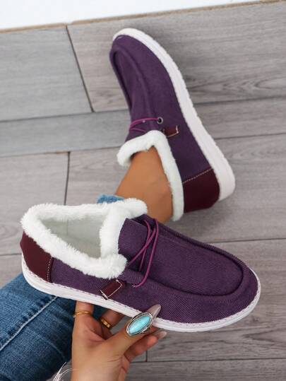 Autumn/Winter Fashion Oversized Women Shoes Casual Solid Color Square Toe Plush Lining Warm Winter Shoes, In Stock