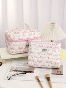 1 件/套粉色蝴蝶结化妆包，绗缝风格时尚休闲时尚便携式化妆包，多功能，简约化妆包，大容量收纳包，可用于钱包、口红、卫生巾、硬币、钥匙、旅行收纳袋、太阳镜等配件，适合女性、女孩、青少年、女学生、礼物。化妆包 - 粉色 - 查看 3
