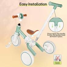 Kids Tricycle With Push Handle For Toddlers 1-4 Years Old Boys Girls Gift, 5 In 1 Baby Balance Bike For Toddlers 1-3 With Removable Pedals (No Parent Steering Version) - Mint Green - View 3