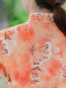 Fikoo Elegant Polyester Cheongsam With Floral Print Round Neck Short Sleeves Long Popover Split Dress - 橘色 - 查看 6