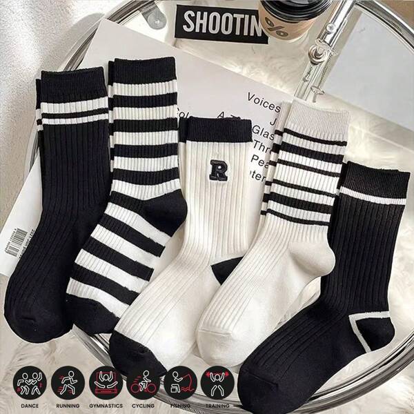 Sports Outdoor 5pairs Women's Sports Socks For Casual Wear, Cycling, Running Mid-Calf Length