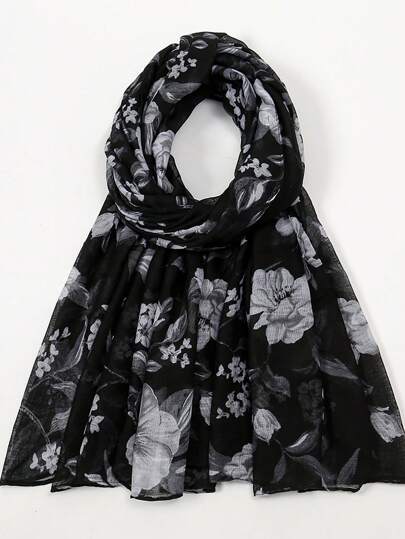 1 条涤纶花卉与叶子印花优雅巴厘岛围巾，秋冬秋季情人节