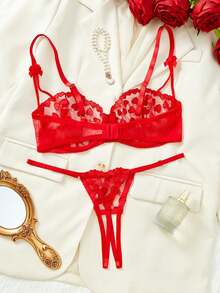 2 件套女士性感心形刺绣透明蕾丝内衣套装、文胸 + 内裤 - 紅色 - 查看 2