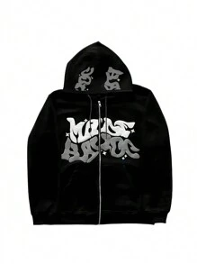 图形印花字母图案春秋连帽夹克，休闲宽松抽绳连帽衫运动衫 - 彩色 - 查看 1