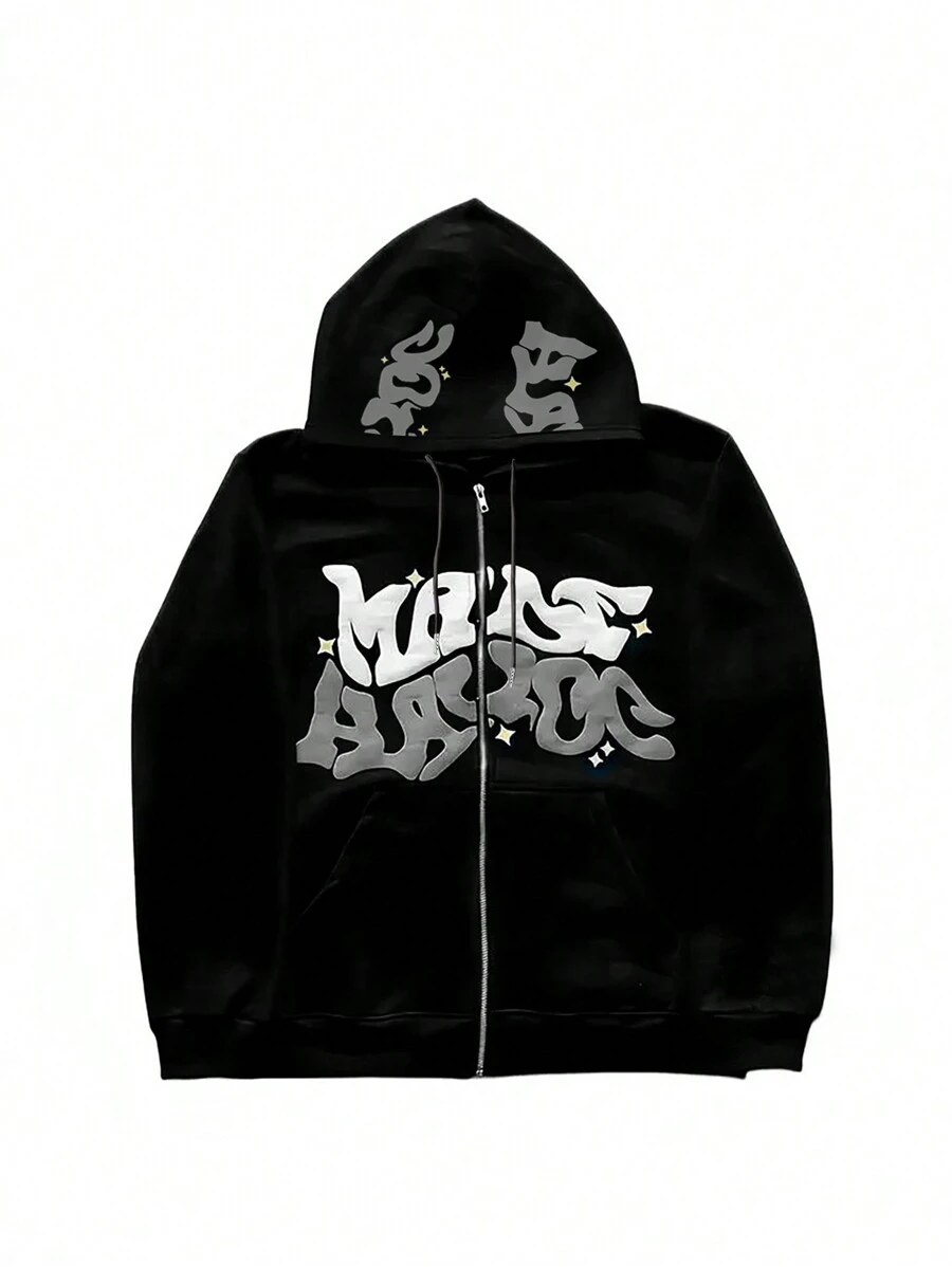 图形印花字母图案春秋连帽夹克，休闲宽松抽绳连帽衫运动衫 - 彩色 - 查看 1