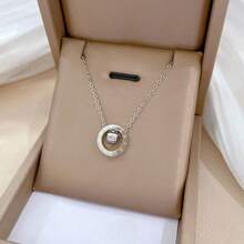 2 Piece Set 18K Titanium Steel Roman Numeral Six Diamond Necklace And Bracelet For Women, Fashion Internet Celebrity Clavicle Chain Not Fading, Wholesale With Roman Numeral Double Ring Pendant - Bạc - Xem 5