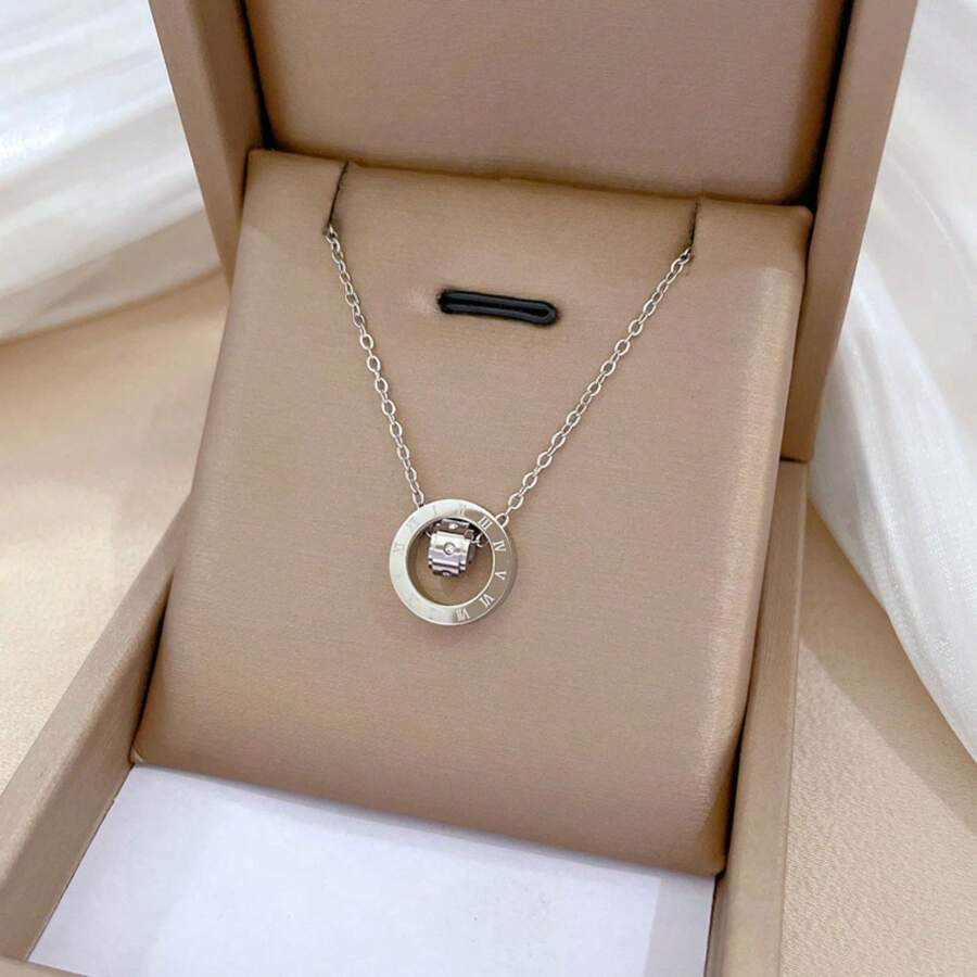 2 Piece Set 18K Titanium Steel Roman Numeral Six Diamond Necklace And Bracelet For Women, Fashion Internet Celebrity Clavicle Chain Not Fading, Wholesale With Roman Numeral Double Ring Pendant - Bạc - Xem 1