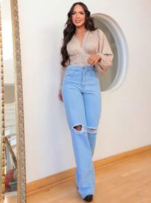 Light Blue Wide Leg Ripped Knee High Waist Jeans - 藍色 - 查看 1