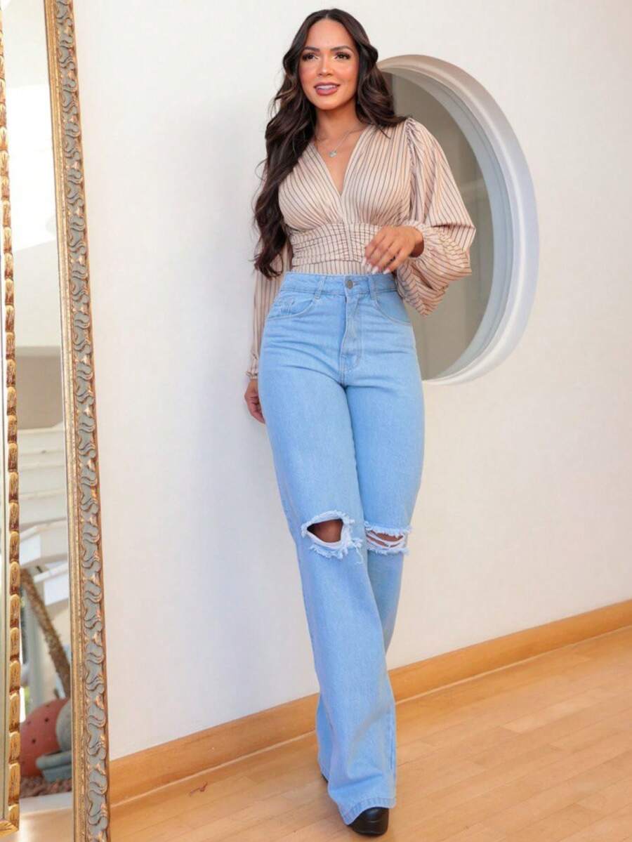 Light Blue Wide Leg Ripped Knee High Waist Jeans - 藍色 - 查看 1