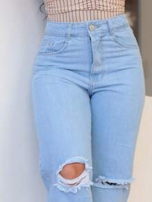 Light Blue Wide Leg Ripped Knee High Waist Jeans - 藍色 - 查看 4