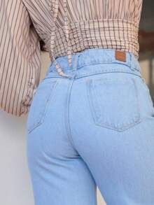 Light Blue Wide Leg Ripped Knee High Waist Jeans - 藍色 - 查看 5