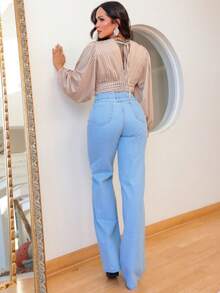 Light Blue Wide Leg Ripped Knee High Waist Jeans - 藍色 - 查看 3