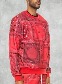 Men's Regular Fit Paisley Printed Fleece Long Sleeve Pullover Sweatshirt - Đỏ - Xem 5