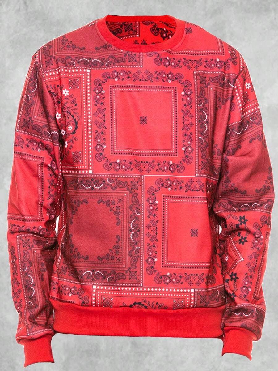 Men's Regular Fit Paisley Printed Fleece Long Sleeve Pullover Sweatshirt - Đỏ - Xem 1