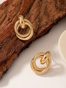 1对时尚精致圆形交叉哑光金色女士耳环，休闲日常佩戴 - 金黃色 - 查看 3